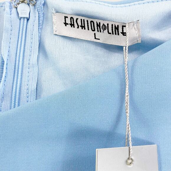 FASHION LINE Vintage 90s Blue Striped Off Shoulder V-Neck Midi Dress NWT - Picture 3 of 9